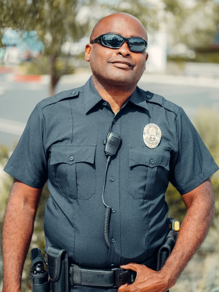 The Art of Drawing Readers In: Your attractive post title goes here Portrait of a smiling police officer in sunglasses and uniform outdoors, exuding confidence and professionalism.